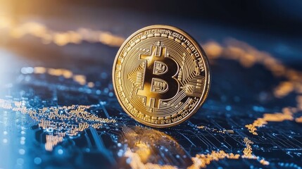 Poster - Golden Bitcoin Coin Standing on Digital Map Background with Cryptocurrency Symbols, Reflecting Global Financial Trends and Innovative Technology in Modern Economy