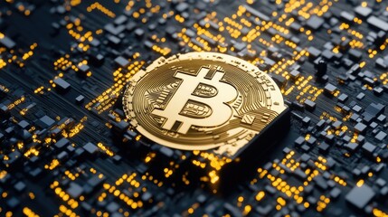 Poster - Golden Bitcoin Coin on Circuit Board with Glowing Lights and Digital Data Background Representing Cryptocurrency and Blockchain Technology Innovations