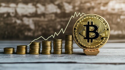 Poster - Growth of Cryptocurrency Investment Depicted through Stacked Coins and Bitcoin Symbolizing Rising Market Trends in Digital Currency