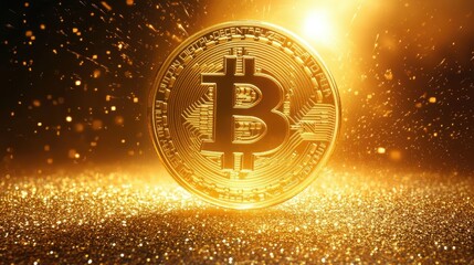 Poster - Golden Bitcoin Coin Surrounded by Sparkling Light and Glittering Particles, Representing Digital Currency and Future Finance Concepts in an Illuminated Background