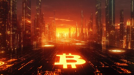 Poster - Futuristic Cityscape with Bitcoin Symbols during Sunset, Showcasing Digital Currency Revolution and Technological Advancement in Urban Landscape