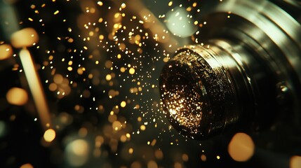 Poster - Close-Up of Metallic Shavings and Sparks during Precision Metalworking Process with Glittering Gold Particles from Lathe Machine Operation