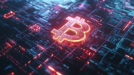 Poster - Futuristic Digital Background Featuring Glowing Bitcoin Symbol Amidst Vibrant Circuit Patterns, Representing Cryptocurrency Technology and Blockchain Innovation