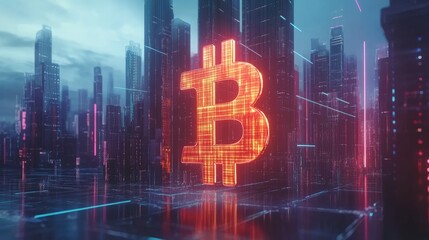 Poster - Massive Bitcoin Symbol in a Futuristic Cityscape Surrounded by Neon Lights and Digital Elements Representing Cryptocurrency Trends and Blockchain Technology