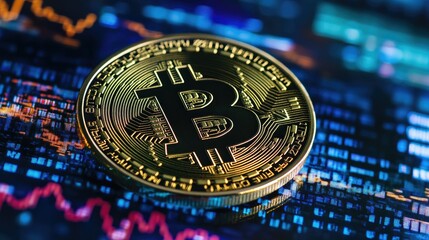 Poster - A Close-Up of a Shiny Bitcoin Coin on a Digital Background of Stock Market Charts Illustrating Cryptocurrency Trading Trends and Financial Growth Opportunities