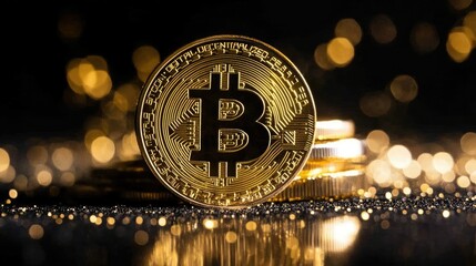 Poster - Golden Bitcoin Coin with Intricate Design Surrounded by Glowing Bokeh Lights in Dark Setting, Symbolizing Digital Currency and Investment Opportunities