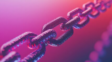 Poster - Abstract view of a digital chain link against a vibrant purple and orange gradient background, symbolizing connection, technology, and security in the digital world