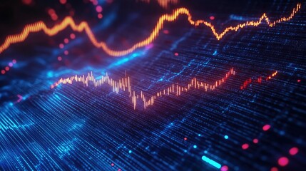 Poster - Abstract Data Visualization with Orange and Blue Lines Representing Trends and Fluctuations in a Digital Space for Financial Analysis and Technology Themes