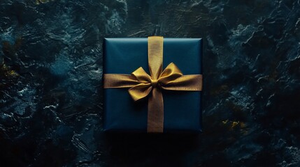 Poster - A black box with gold ribbon on top of a dark blue background