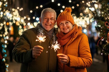 Wall Mural - Happy senior couple celebrating Christmas and New Year, holding a sparkler in their hands against a winter background with decorative lights