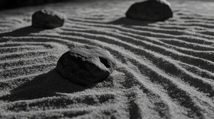 Poster - Serene Black and White Image of Smooth Stones on Textured Sand with Soft Shadows Creating an Artistic and Calm Atmosphere for Relaxation and Reflection