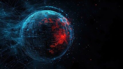 Poster - Futuristic Digital Planet Model with Network Connections and Glowing Data Points Representing Global Technology and Innovation in a Dark Space Background