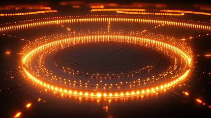 Poster - Futuristic digital circle with glowing orange lights on a dark background, creating an abstract and technological atmosphere for design projects and presentations.