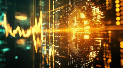 Poster - Abstract Cryptocurrency Background Design with Bitcoin Symbol and Glowing Digital Data Patterns Representing Financial Trends and Technology Innovations