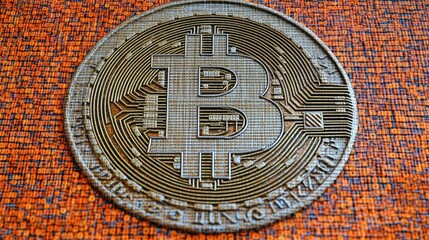 Poster - Detailed close-up of a shiny gold Bitcoin on a textured surface, showcasing intricate designs and representing modern finance, investing, and digital currency concepts.