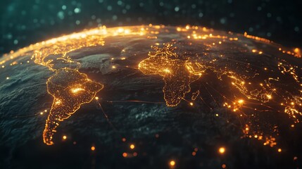 Fototapete - A digital world map with glowing nodes and network lines forming a globe, leaving open space at the bottom for adding custom text or a tagline.