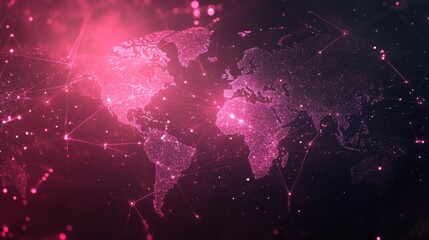 Fototapete - A digital world map with glowing nodes and network lines forming a globe, leaving open space at the bottom for adding custom text or a tagline.