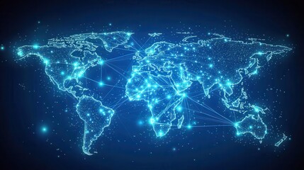 Fototapete - A digital world map with glowing nodes and network lines forming a globe, leaving open space at the bottom for adding custom text or a tagline.