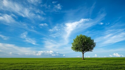 Wall Mural - Solitary tree in verdant field, serene landscape under expansive blue sky 