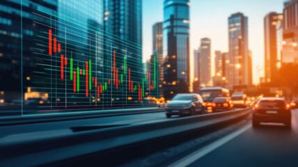 Canvas Print - A stock market trading screen displaying a rising candlestick chart with a green bar . The background is a modern cityscape at evening with skyscrapers and cars on the highway., generative ai