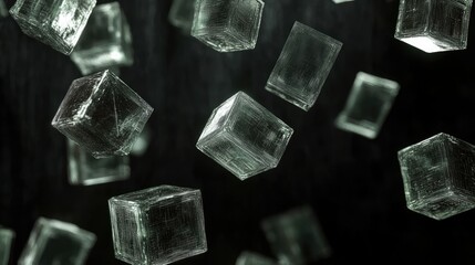 Poster - Floating Transparent Cubes in a Dark Space, Abstract Composition with Light Reflections and Shadows, Creating a Modern and Futuristic Atmosphere for Various Creative Projects
