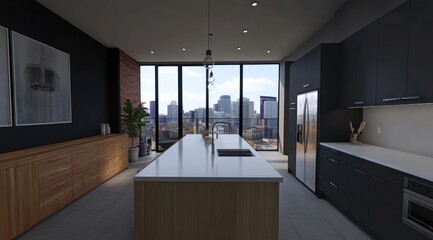 Wall Mural - dark matte modern kitchen room 3D rendering Design.