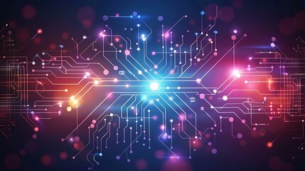 Poster - A futuristic technology-themed circuit design featuring symmetrical patterns of glowing data connections, accented with dynamic color gradients