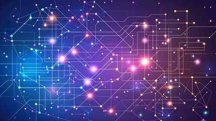 Poster - A sleek 2D abstract illustration of a futuristic electronic circuit board with glowing neon lines, connected nodes, and a gradient background in blue and purple hues
