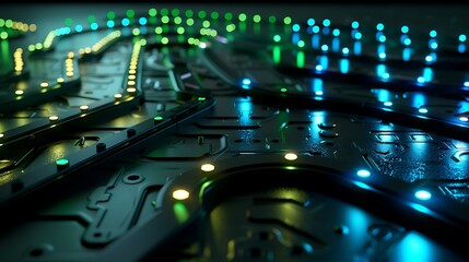 Poster - An artistic representation of electronic circuit pathways in metallic tones, illuminated with pulsating blue and green lights, on a minimalist dark gradient background