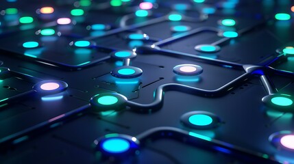 Poster - An artistic representation of electronic circuit pathways in metallic tones, illuminated with pulsating blue and green lights, on a minimalist dark gradient background