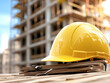 © robiul - Yellow hard hat on blueprints at construction site.