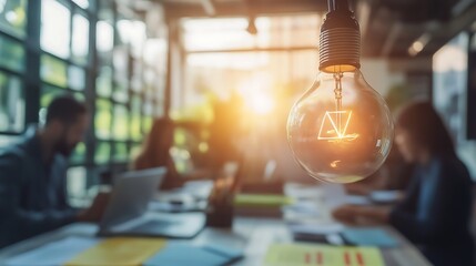 Poster - Illuminated Idea: Glowing Lightbulb above Blurred Coworking Team