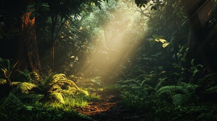 Poster - A forest with sunlight shining through the trees
