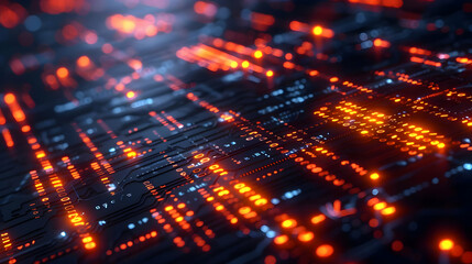 Wall Mural - Abstract 3D Rendering of a Futuristic Circuit Board with Glowing Binary Code, Displaying Complex Data Streams and Technological Innovation