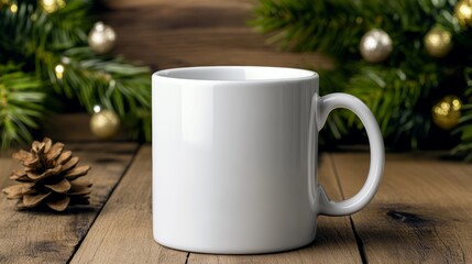 Poster - White coffee mug sits on a wooden table with a pine cone next to it. The scene is simple and peaceful, with the pine cone adding a touch of natural beauty to the setting