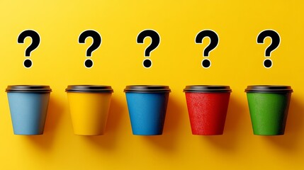 Poster - Row of five cups with different colors and a black question mark on the top. The cups are arranged in a line, with the first cup being yellow and the last cup being green