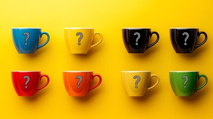 Poster - Row of colorful coffee cups with a question mark on each one. The cups are arranged in a row on a yellow background
