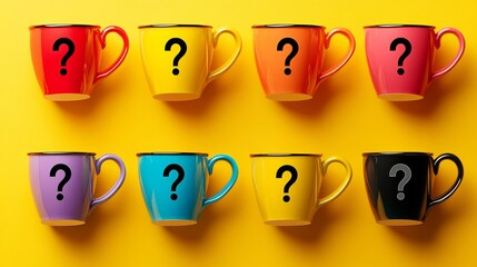 Poster - Row of colorful coffee cups with a black one in the middle. The cups are labeled with a question mark