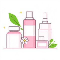 Wall Mural - 2409_077.A simple vector icon illustration depicting the group of natural skincare essentials at center for a website isolated white background. The illustration includes stylized representations of