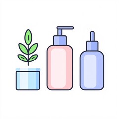 Wall Mural - 2409_085.A simple vector icon illustration depicting the group of natural skincare essentials at center for a website isolated white background. The illustration includes stylized representations of