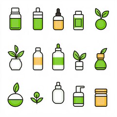 Wall Mural - 2409_056.A simple vector icon illustration depicting the group of natural skincare essentials at center for a website isolated white background. The illustration includes stylized representations of