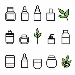 Wall Mural - 2409_042.A simple vector icon illustration depicting the group of natural skincare essentials at center for a website isolated white background. The illustration includes stylized representations of