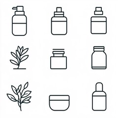 Wall Mural - 2409_042.A simple vector icon illustration depicting the group of natural skincare essentials at center for a website isolated white background. The illustration includes stylized representations of