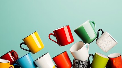 Poster - Row of colorful coffee cups are stacked on top of each other. The cups are of various sizes and colors, including red, yellow, green, and white. Concept of fun and creativity