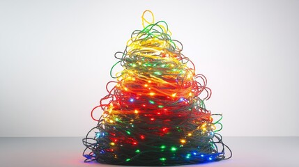 christmas tree made of tangled lights. the lights are in different colors and are all tangled togeth