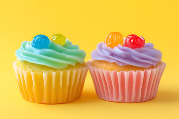 Baking fun with colorful jelly cupcakes kitchen food photography bright yellow background playful concept