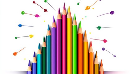 Poster - Row of colorful pencils are arranged in a pyramid shape. The pencils are of different colors and sizes, and they are all lined up in a row. Concept of creativity and imagination