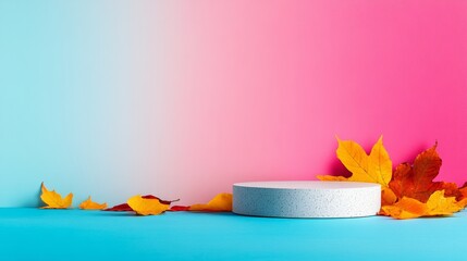 Poster - A white pedestal with a pile of leaves on it. The leaves are orange and yellow, and they are scattered around the pedestal. The scene has a warm and inviting mood, with the colors of the leaves