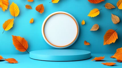 Poster - A blue background with orange leaves and a white circle in the middle. The circle is empty and surrounded by orange leaves