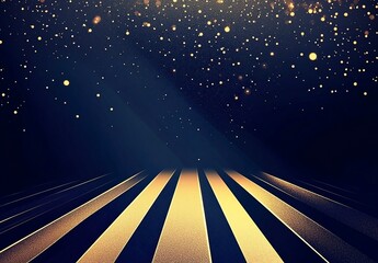 Poster - a background graphic for an evening gala with dark blue and gold tones, a large stage in the foregro